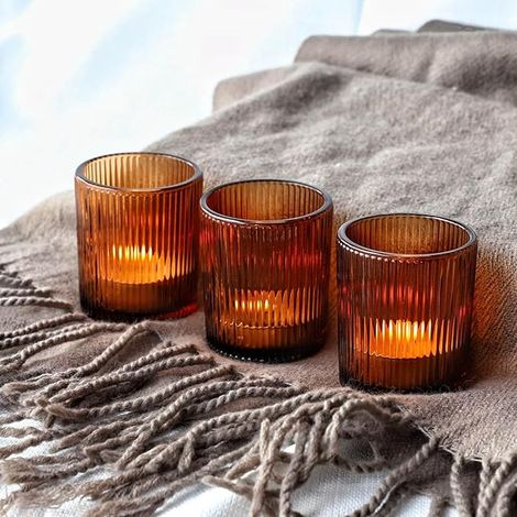 Photophore Verre à Réchaud Vintage Striés Bougeoir pour les Décorations de Table de Thanksgiving, Porte Bougie en Marron l'Automne et l'Hiver (1/5)
