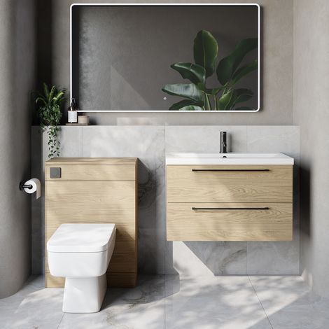 Napoli 390 Cento Light Oak 1400mm Wall Mounted 2 Drawer Vanity Unit and Toilet Suite with Glide Basin - 1400mm - Matt Black 480mm HandleWith Kingston Toilet Pan and Seat