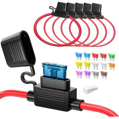 5pcs 12(1)+16AWG(4) Porte fusible Moyenne en ligne, ATC/ATO Automotive plat 12V Porte fusible étanche pour voiture/camion/motor + 14pcs Fusibles Standard(2A 3A 5A 7.5A 10A 15A 20A 25A 30A 35A)