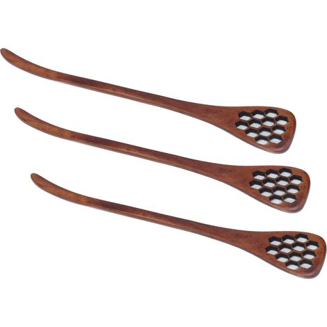 Lot de 3 cuillères à miel en bois sculpté alvéolé, teinture laquée (1/5)
