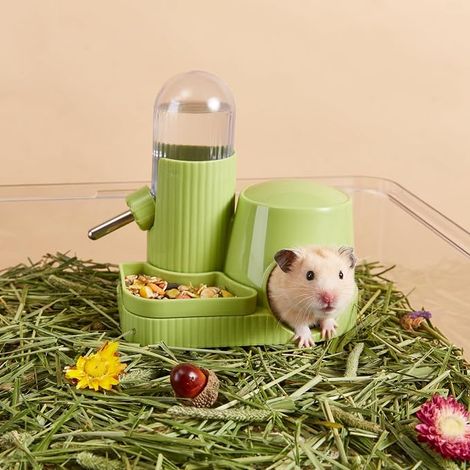 Hamster Water Bottle Automatic Dispenser with Bowl and Shelter for Gerbil Rat Hamster Dwarf Mouse (Green, 100ml)