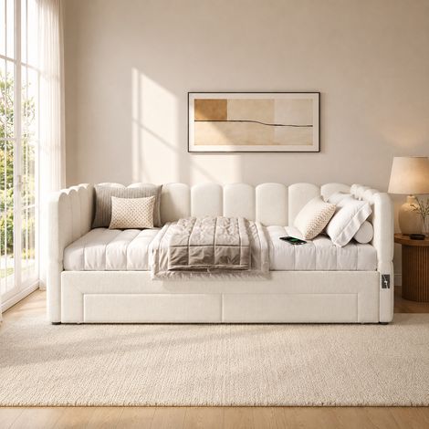 Lit capitonné daybed 90x190 cm avec 2 tiroirs de rangement, canapé-lit extensible à 180 cm, port USB, lin beige, design pratique et gain de place (1/5)