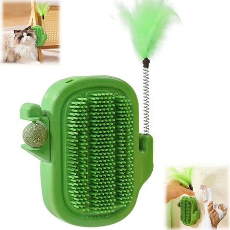 Brosse Toilettage Chat 3 en 1 Cactus Griffoir Jouets Plumes Balle Herbe Chat Massage Murale Accessoire Divertissement (1/4)