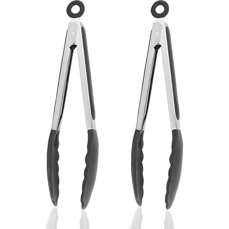 2 x Kitchen Tongs, 27.5 cm, Stainless Steel and Food Silicone, Heat Resistant Air Fryer Tongs, Versatile for Barbecue, Cooking and Serving (1/5)