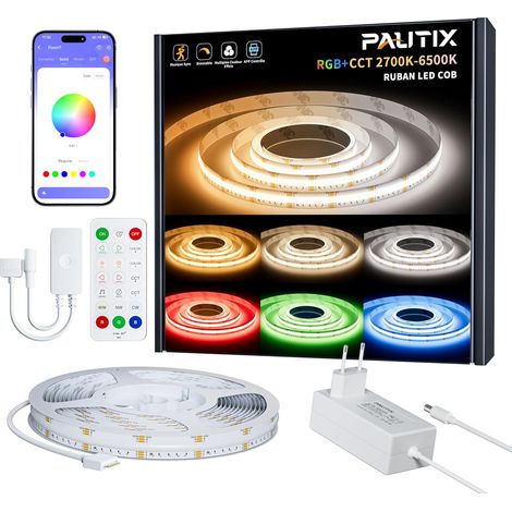 COB LED Strip RGBWW/CW 5M Kit Dimmable RGB+2700K-6500K CCT White Tunable Color Changing LED Light Strip with APP Control, Music Sync for Bedroom Home Lighting Projects