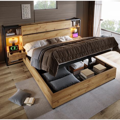 Doppelbett 180x200 cm Eiche in MDF und Metall mit Stauraum, Nachttischschubladen und USB-C-Ladestation (1/5)