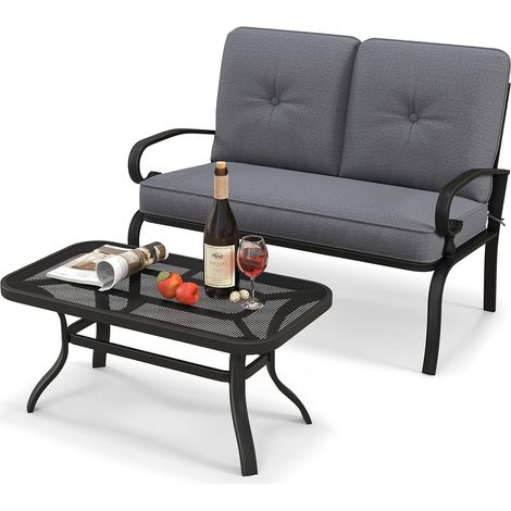 GOPLUS Salon de Jardin 2 Pièces, Ensemble de Meubles de Jardin avec Table Basse, Canapé Extérieur 2 Places avec Dossier, Accoudoirs, Coussins Doux, Cadre Métallique Robuste,pour Jardin,Balcon,Terrasse (1/5)