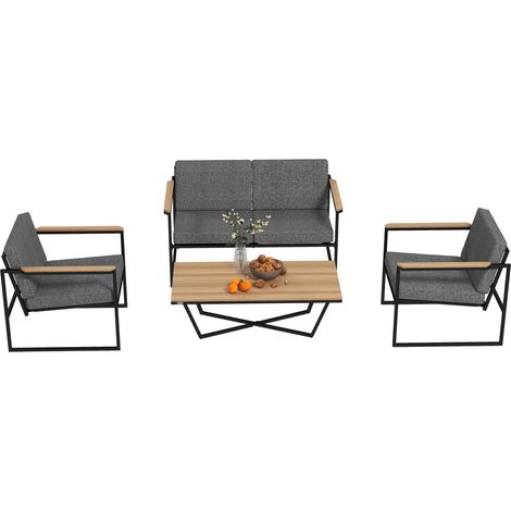 Set jardin 4 personnes canapé 2 places 2 fauteuils coussin table gris imperméable (1/5)