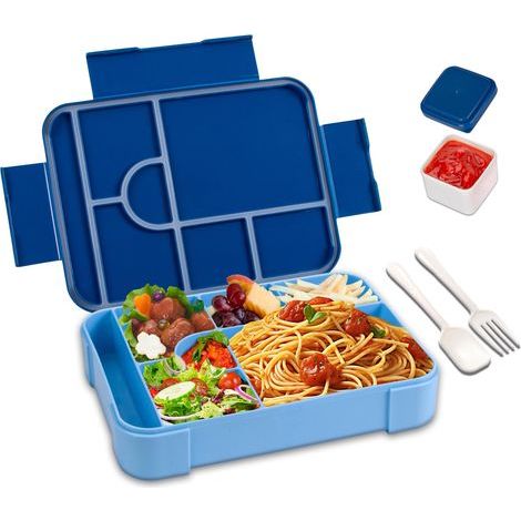 Lunch Box, 1330ml Bento Box avec 7 compartiments, Réutilisable Boite Repas avec cuillère et fourchette, sans BPA, micro-ondes, lave-vaisselle, école, pique-nique (Bleu) (1/5)
