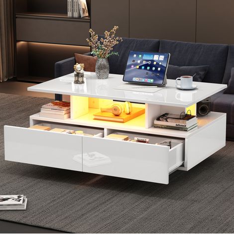 Tavolino da caffè LED 90 x 55 x 41 cm con 2 cassetti, finitura bianca lucida DESVIAE (1/5)