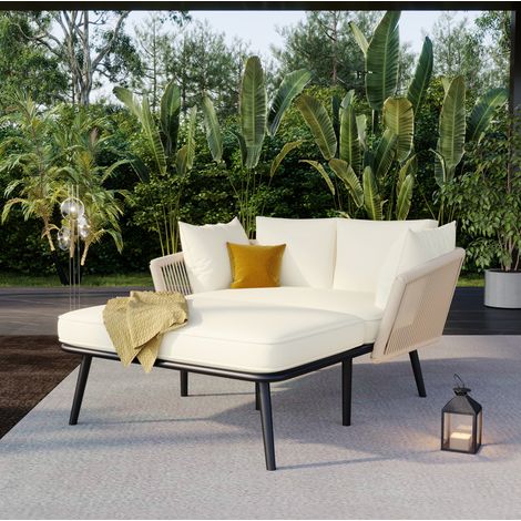 Tumbona de jardín con 2 cojines de asiento, 2 cojines de respaldo desmontables y lavables, beige (1/5)
