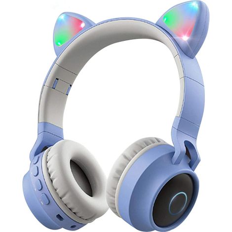 Casque audio sans fil/filaire Bluetooth avec oreilles de chat et limitation du volume, casque sans fil lumineux LED pour enfants (bleu clair)