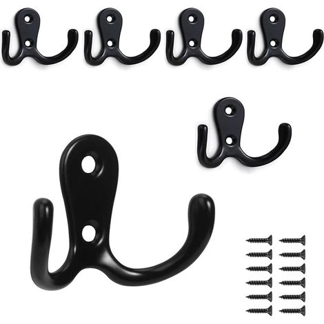 Lot de 6 crochets doubles en métal avec vis pour suspendre vêtements, chapeaux, serviettes, clés, ustensiles de cuisine, pour salon, chambre à coucher, salle de bain, cuisine (noir) (1/5)