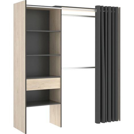 Dmora - Guardaroba Wetterhorn, Struttura per cabina armadio con tenda, Mobile appendiabiti aperto, 160x50h205 cm, Rovere e Antracite, con imballo rinforzato