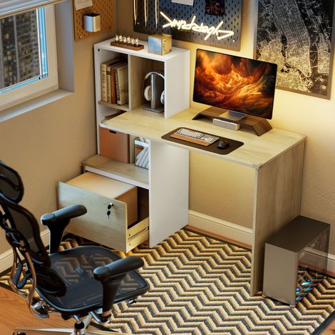 Bureau d'ordinateur avec bibliothèque 4 compartiments et tiroir verrouillable, 126 x 50 x 109 cm, chêne et blanc (1/5)