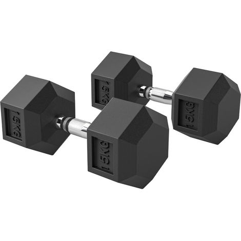 Revêtement caoutchouc 2x15kg protection des sols : Haltères hexagonaux en fonte pour fitness et renforcement musculaire (1/5)