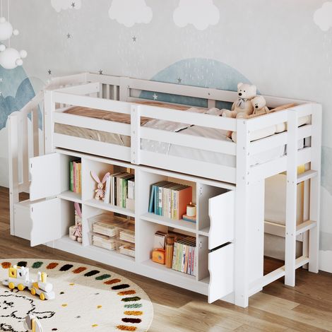Modernluxe - Lit mezzanine 90x200cm - avec rangements et penderie - avec échelle de rangement et LED - MDF - Blanc (sans matelas) (1/5)