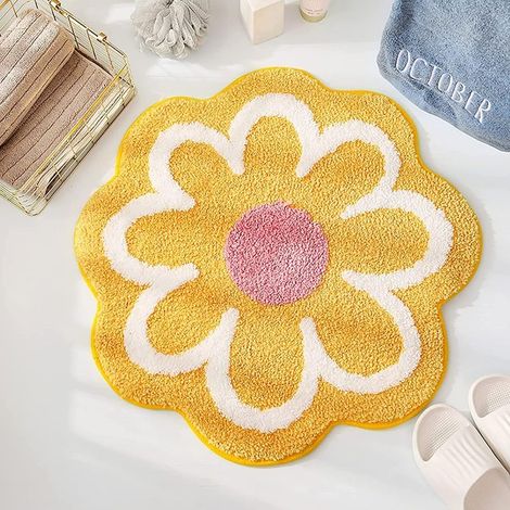 Tapis de bain doux, absorbant, à motifs floraux et antidérapant, adapté aux salles de bain et aux douches (jaune, taille unique). (1/4)