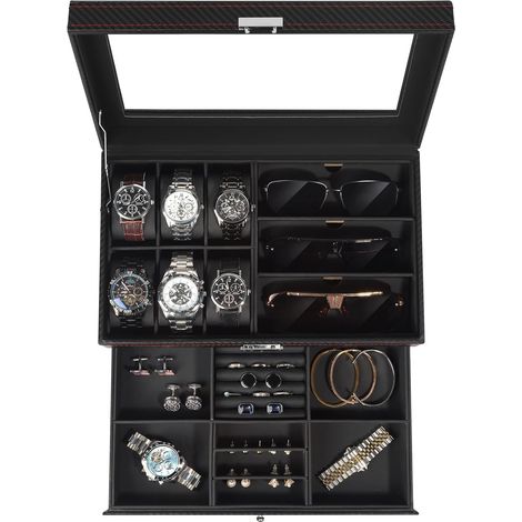 Boite a Bijoux Homme, Rangement Montres et Lunettes avec Grand Couvercle en Verre, 6 Emplacements et 2 Niveaux, Coffret Montre, Boîte à Montres avec Serrure, boite a montre homme, Idée Cadeau -Noir (1/5)