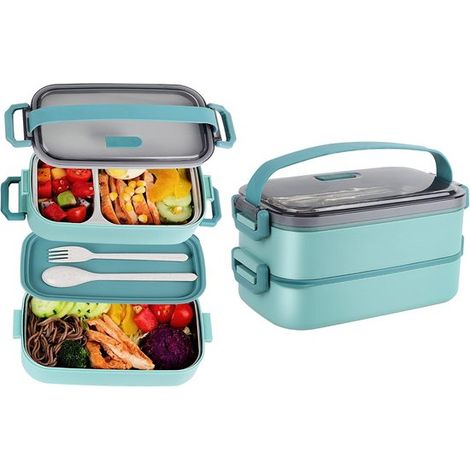 Boîte à lunch pour adultes 500 ml, acier inoxydable, étanche, avec couverts et double compartiment, 19,6 x 11,8 x 10,5 cm, pour école, travail et déplacements, vert (1/5)
