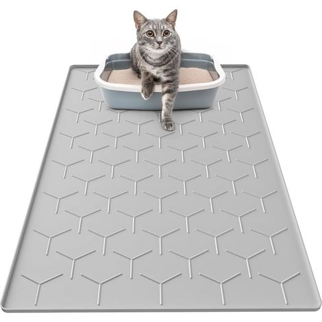 Tapis Litiere Chat, 86x56cm Tapis de litière pour Chat en Silicone, Imperméable Facile à Nettoyer, Gris (1/5)