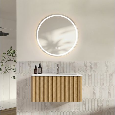 Conjunto de baño suspendido 81 cm con lavabo y espejo LED redondo 80 cm roble OKWISH (1/5)