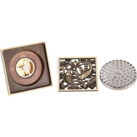 Grille d'évacuation carrée en laiton antique pour sol de salle de bain, drain de douche avec tamis, accessoires de drainage pour lavabo (1/5)