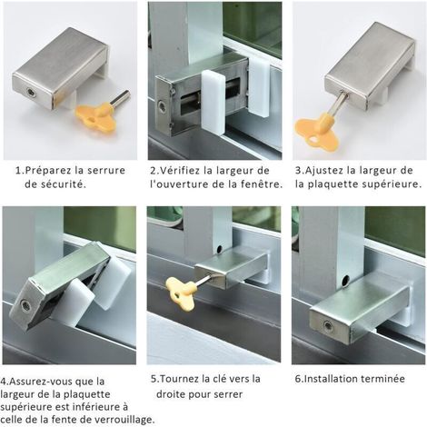 Lot de 2 serrures de sécurité pour fenêtres coulissantes – Installation sans perçage – Matériau acier inoxydable – Clé hexagonale incluse