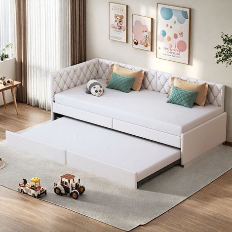 Lit Gigogne Kinder - TANANT - 90x200cm - Beiger Samtstoff - Ausziehbare Schlafcouch - 2 Plätze