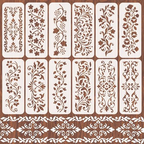 Lot de 12 pochoirs muraux réutilisables en dentelle pour travaux manuels, meubles en bois, ciment, chambre à coucher, décoration d'intérieur - 12 x 29 cm (1/5)