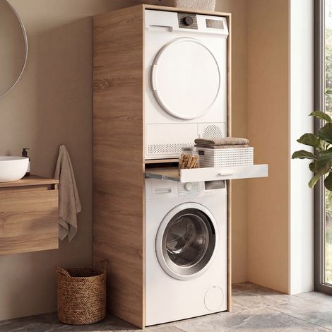 Mueble de lavadero para lavadora y secadora WALLIS con bandeja extraíble para cesto de la ropa, en madera y blanco (1/5)