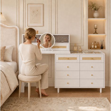 Toeletta 105x50x107.5 cm, 10 cassetti, specchio, vetro temperato e decoro rattan, MDF bianco (1/5)