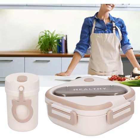 Boîte à lunch portable et compartimentée pour étudiants et employés de bureau, simple et mignonne, compatible micro-ondes, couleur abricot laiteux. (1/5)