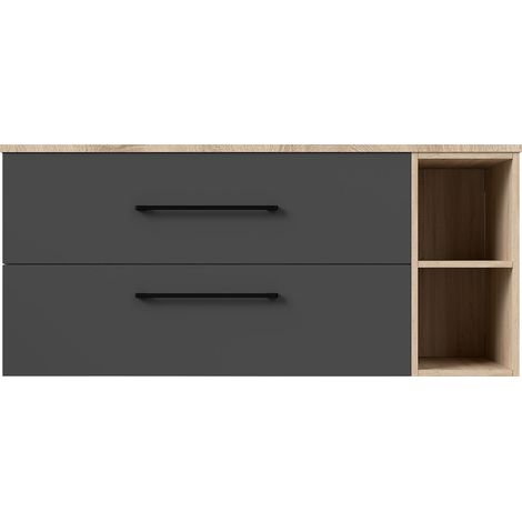Ocean Meuble Salle de Bain et Planche sans lavabo, 2 Tiroirs et rangements ouverts, 120x46x52cm, Chêne et anthracite, MDF, suspendu
