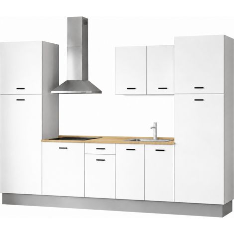 Cuisine complète 300 cm, Ensemble de meuble de cuisine coloris Blanc semi-brillant, avec plan de travail coloris Chêne (1/5)