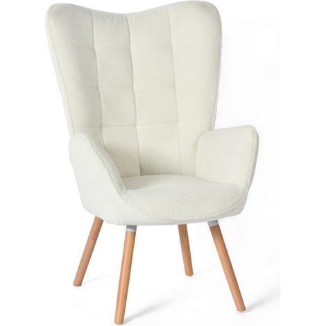 Meuble Cosy Fauteuil Scandinave Chaise de Canapé de Loisirs pour Salon Salle à Manger Bureau avec Un Revêtement en Bouclette, Accoudoirs Rembourés et des Pieds en Bois Massif (1/5)
