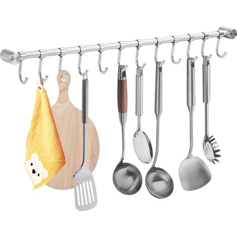 Stainless Steel Wall Mounted Utensil Rack With 12 Removable Hooks - Kitchen Hanging Rail 52Cm (15.6") (1/5)
