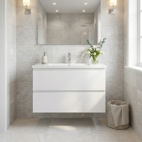 B-Way 59x50x45 cm mobile da bagno sospeso 2 cassetti con lavabo in marmo colato, bianco lucido (BWAY260WU)