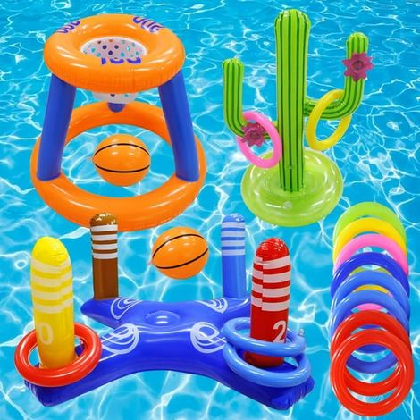Set de jeux de piscine gonflables, panier de basket flottant et jeu d'anneaux, cactus, pour enfants, 3 ensembles d'été (1/5)