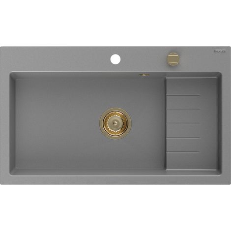 Mexen Omar lavello da cucina in granito ad 1 vasca 800 x 480 mm, grigio, sifone dorato - 6520801005-71-G (1/5)