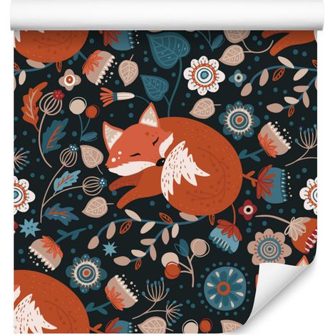 Tapete „Waldtiere und -pflanzen“, Türkis und Orange, 50 x 1000 cm (1/5)
