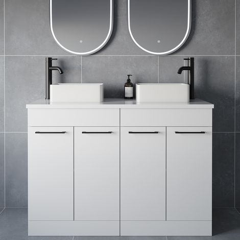 Napoli 460 Gloss White 1200mm 4 Door Vanity Unit for Countertop Basins - 1200mm - Matt Black 160mm Handle