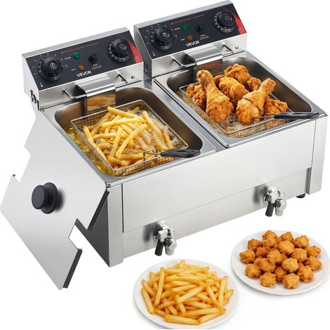 VEVOR Freidora Electrica Comercial 2 Tanques 14 L 5000 W, Freidora de Aceite de Acero Inoxidable con 2 Cestas, Temperatura y Tiempo Ajustables 60-200 °C para Aros de Cebolla, Pollo, Patatas Fritas (1/5)