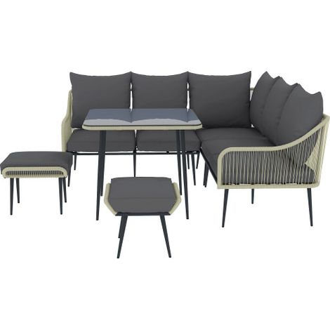 Comfortable 6-Piece Garden Furniture Set with Thick Cushions, Glass Top Table, and Footstools for Outdoor Spaces, Light Grey