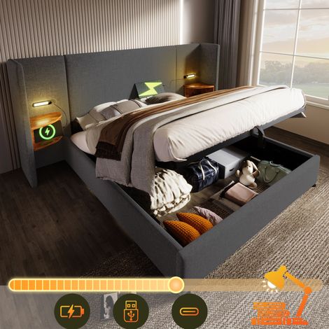 Cama doble 180x200 cm gris de lino con almacenaje, lámpara y USB tipo C (1/5)