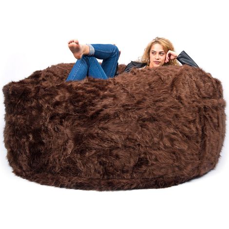 Pouf Géant Rond XXXL Intérieur En Fourrure poil long Marron, Déhoussable, Pour Salon - TiTAN (1/5)