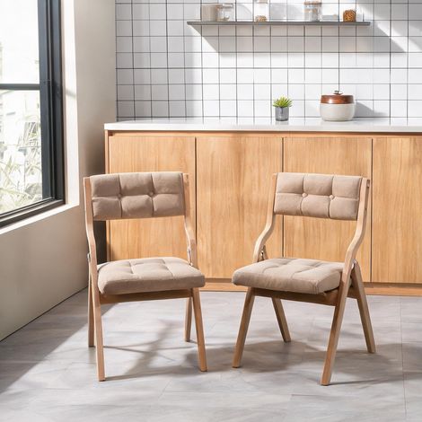 Chaise pliante bois et tissu avec coussin beige-toned lot de 2 (1/5)