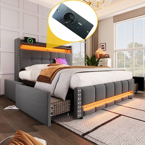 Lit double 140x200cm avec led et port usb, tête de lit avec étagères et 4 tiroirs de rangement, tissu en lin gris (1/5)