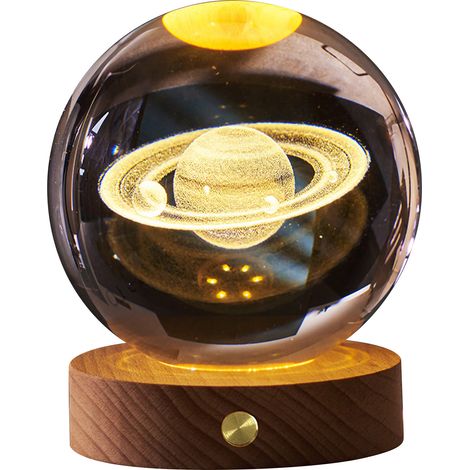 Ortviai Veilleuse 3D Boule Cristal Rechargeable avec Base en Bois – Boule Lumineuse Saturne pour Chambre et Salon (1/5)