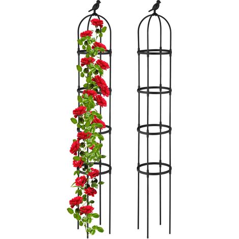 Relaxdays Set 2 Obelisco Flores, 188x30 cm, Soporte Plantas Trepadoras, Metal, Enrejado para Enredaderas, Tutor, Negro